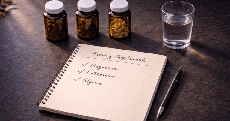 Three amber supplement bottles with handwritten sleep protocol representing the evidence-based sleep supplement stack of MgT, Ashwagandha, and L-theanine