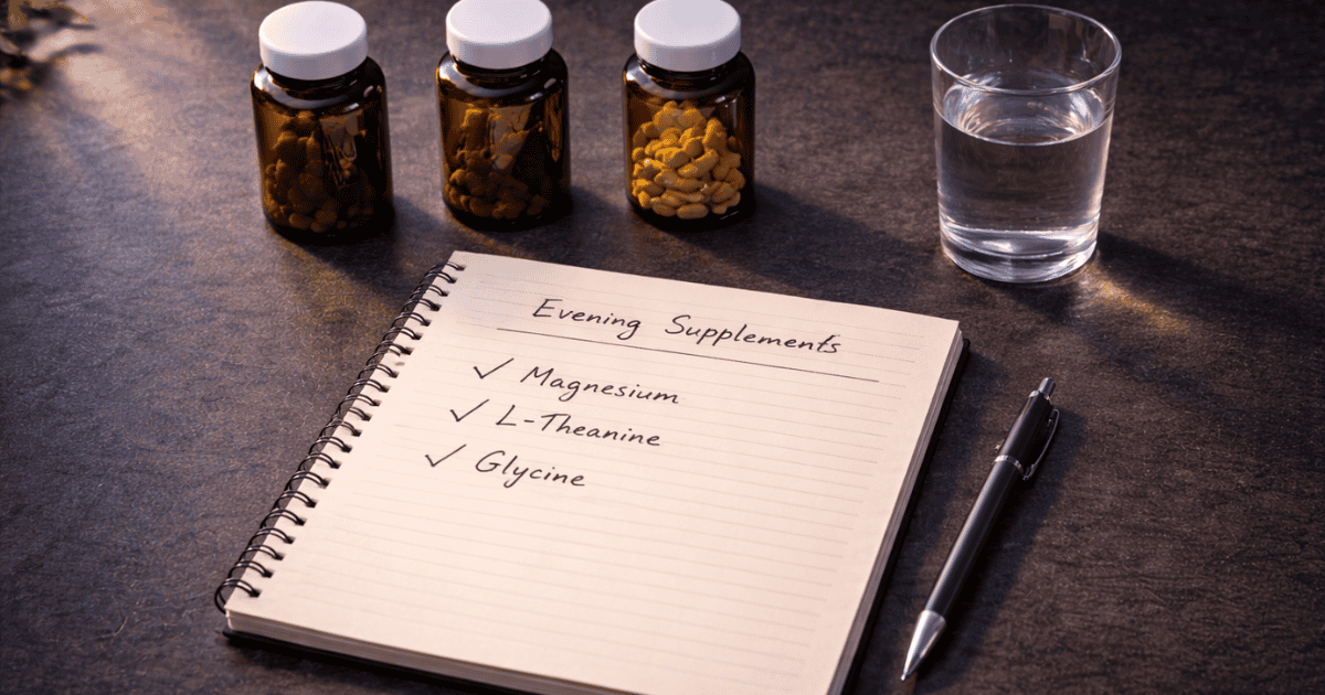 Three amber supplement bottles with handwritten sleep protocol representing the evidence-based sleep supplement stack of MgT, Ashwagandha, and L-theanine
