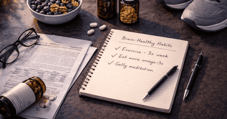 Lifestyle elements including exercise shoes, berries, supplements and research notes representing the evidence-based brain health and longevity protocol