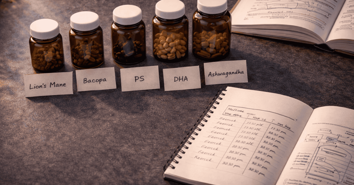 Six amber supplement bottles representing the complete neuroprotective stack of Lion's Mane, Bacopa, Phosphatidylserine, DHA, Ashwagandha, and Magnesium L-Threonate for long-term brain health