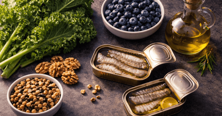 MIND diet brain health foods including leafy greens, blueberries, sardines, olive oil, and walnuts arranged as the evidence-based anti-inflammatory nutrition protocol