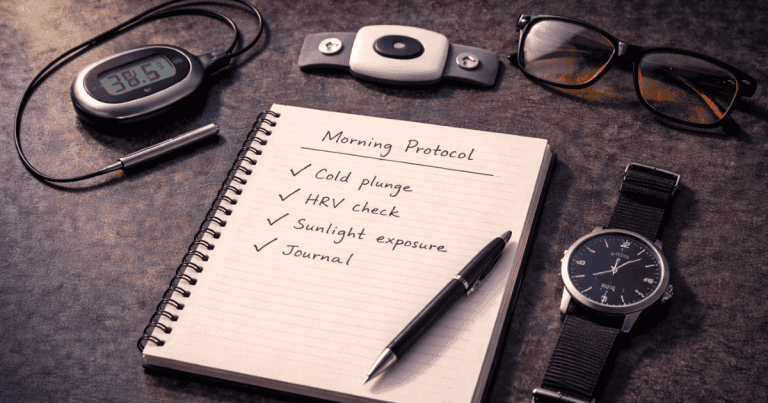 Biohacking tools including HRV sensor, blue light blocking glasses, thermometer and morning protocol journal representing evidence-based advanced cognitive performance protocols