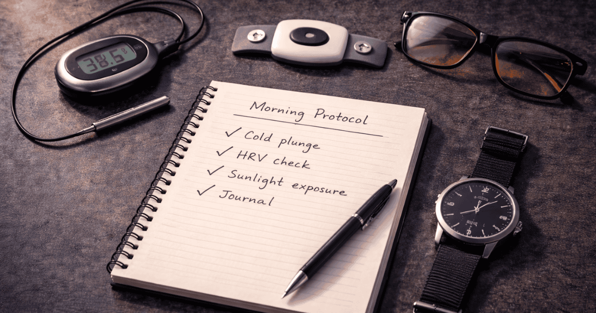 Biohacking tools including HRV sensor, blue light blocking glasses, thermometer and morning protocol journal representing evidence-based advanced cognitive performance protocols