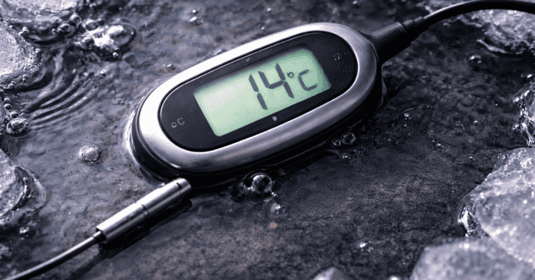 Thermometer reading 14°C in cold water representing the norepinephrine-elevating cold exposure protocol for cognitive performance enhancement