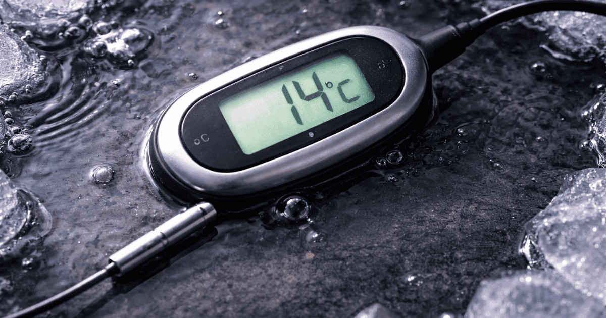 Thermometer reading 14°C in cold water representing the norepinephrine-elevating cold exposure protocol for cognitive performance enhancement