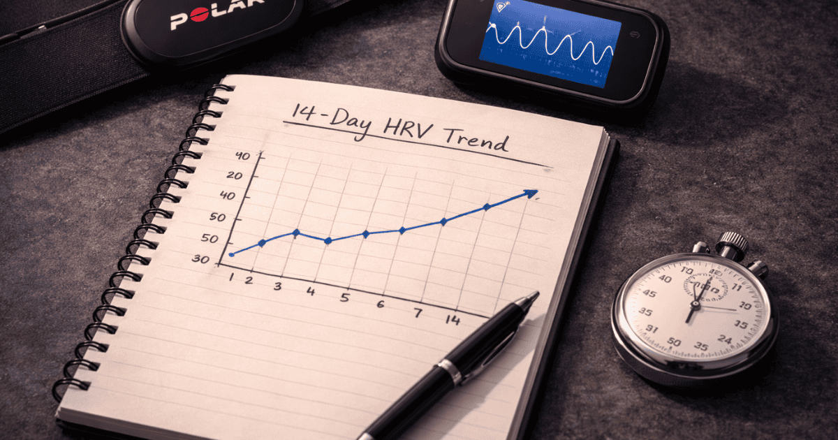 HRV biofeedback sensor and coherence wave display with 14-day improvement trend representing the resonance frequency breathing protocol for autonomic stress optimization