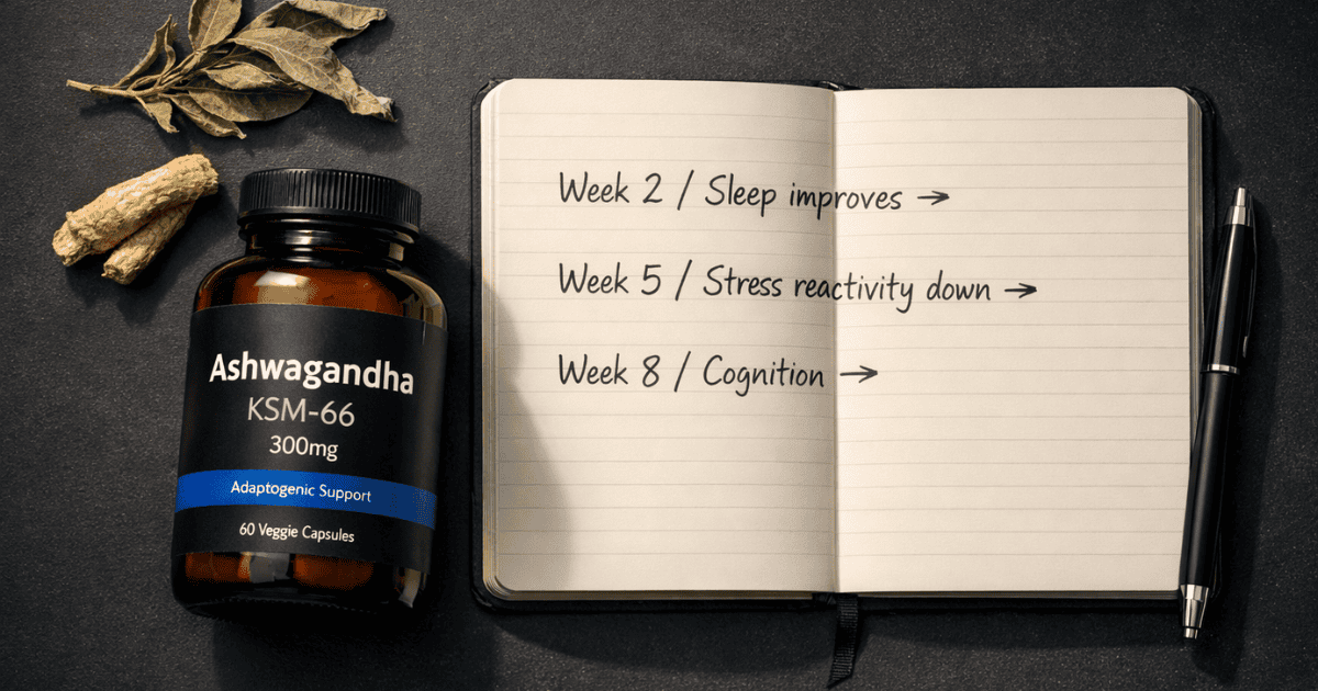 Amber glass supplement bottle labeled KSM-66 Ashwagandha 300mg beside dried withania somnifera root and timing protocol notebook on dark surface — ashwagandha complete evidence-based guide