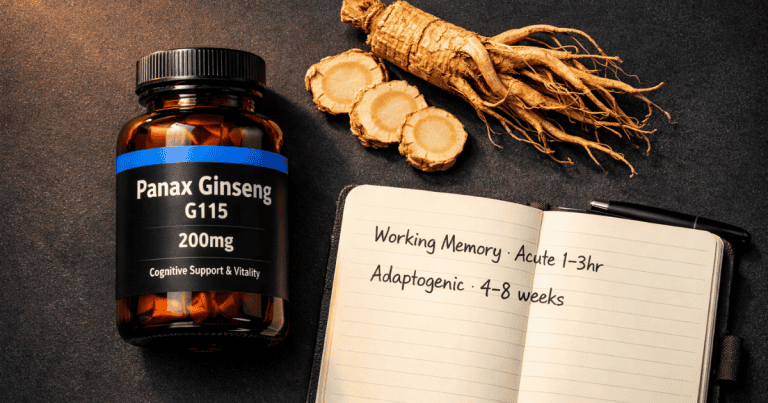 Amber glass supplement bottle labeled Panax Ginseng G115 200mg beside dried ginseng root cross-section and timing protocol notebook on dark surface — panax ginseng complete evidence-based guide