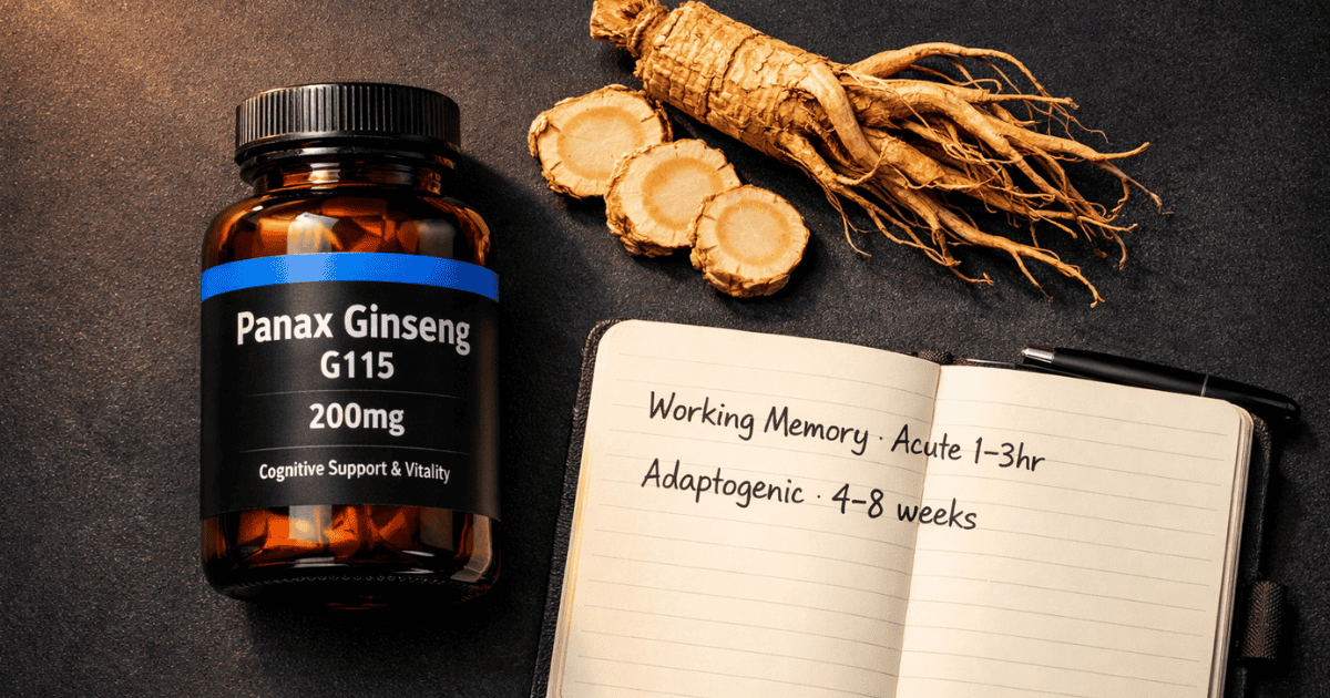 Amber glass supplement bottle labeled Panax Ginseng G115 200mg beside dried ginseng root cross-section and timing protocol notebook on dark surface — panax ginseng complete evidence-based guide