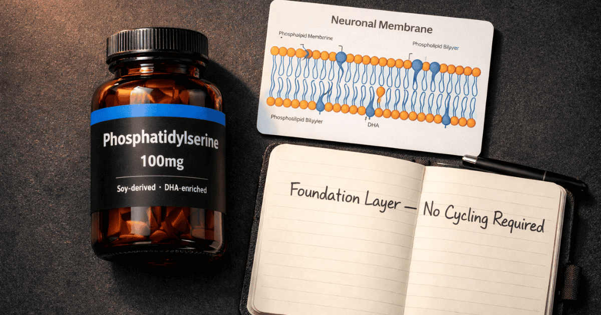 Dark amber glass supplement bottle labeled Phosphatidylserine 100mg beside neuronal membrane diagram card and foundation layer protocol notebook on dark surface — phosphatidylserine complete evidence-based guide