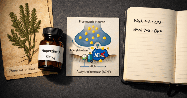 White capsules labeled Huperzine A beside acetylcholinesterase enzyme diagram and Huperzia serrata plant specimen on dark surface — huperzine A complete evidence-based guide