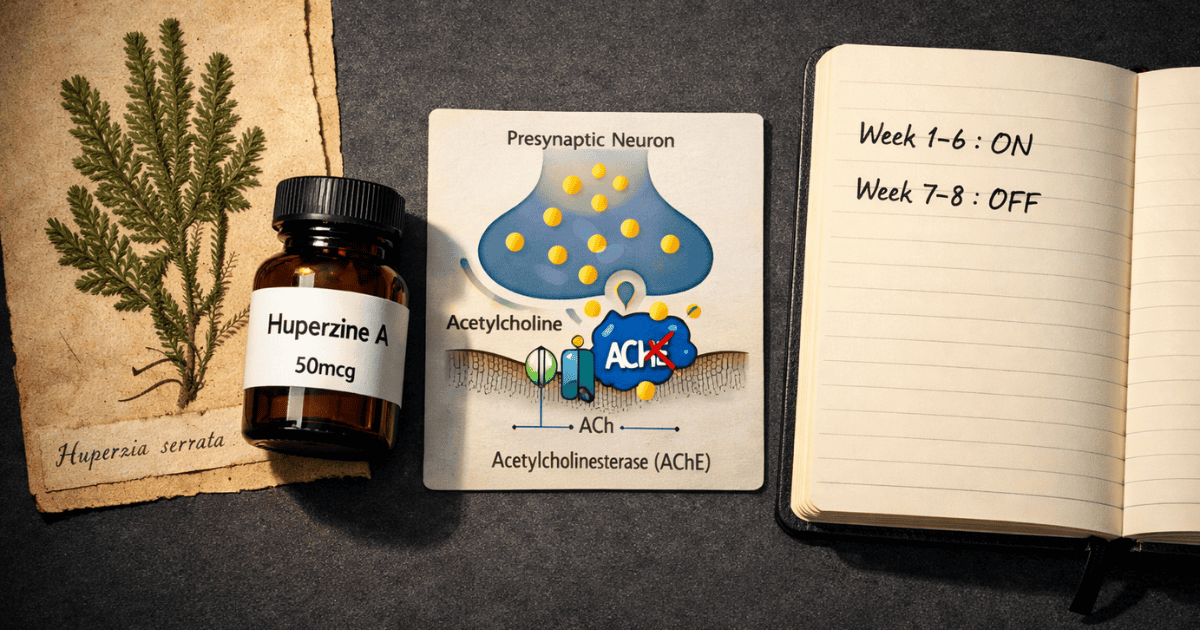 White capsules labeled Huperzine A beside acetylcholinesterase enzyme diagram and Huperzia serrata plant specimen on dark surface — huperzine A complete evidence-based guide