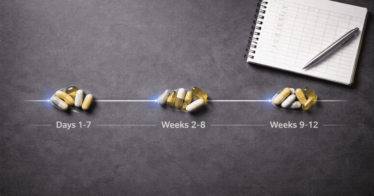 90-day nootropic timeline showing supplement progression from week one through week twelve on a dark surface
