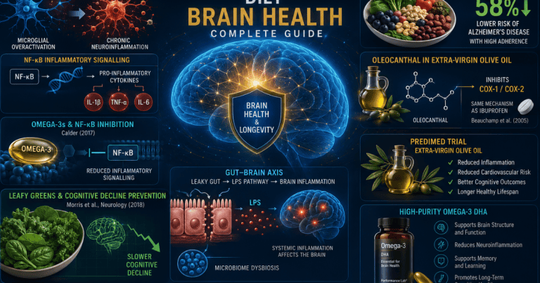 Anti-inflammatory diet brain health: NF-κB neuroinflammation mechanism, DHA omega-3 inhibition, oleocanthal COX-1 COX-2 ibuprofen equivalence, MIND diet Morris 2015 58% Alzheimer's risk reduction, gut-brain axis LPS pathway, microglial overactivation