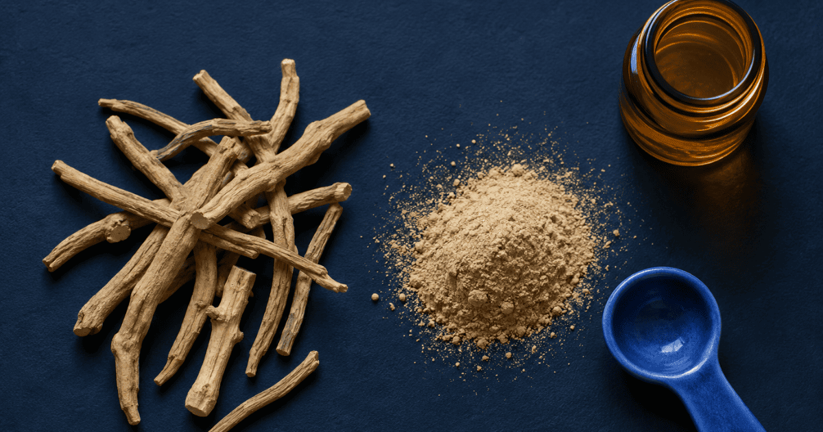 Dried ashwagandha root and root powder, representing the stress-adaptogen guide