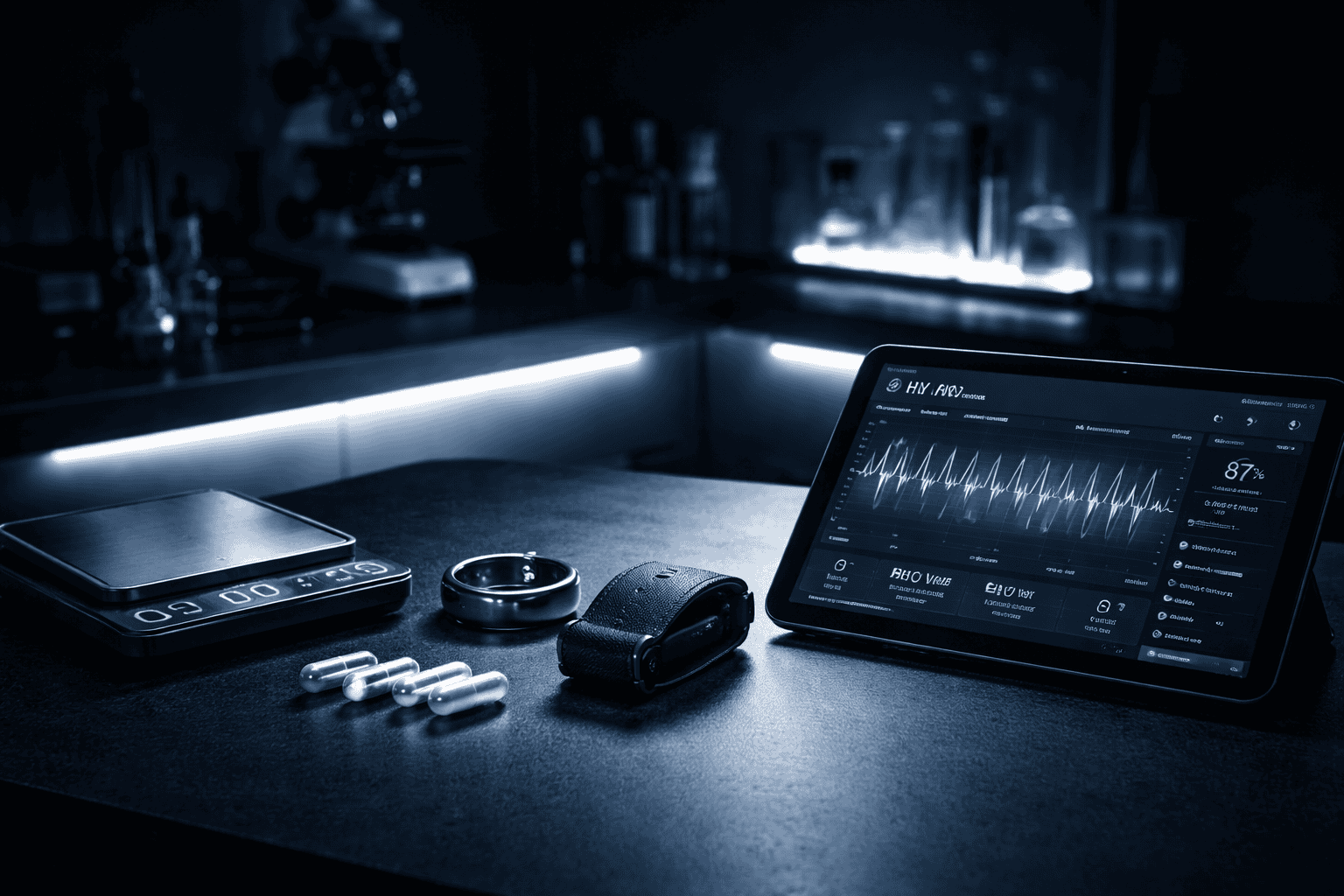 High-tech biohacking workspace with wearable tracking devices, precision tools and nootropic supplements representing advanced cognitive optimization protocols — NeuroEdge Formula