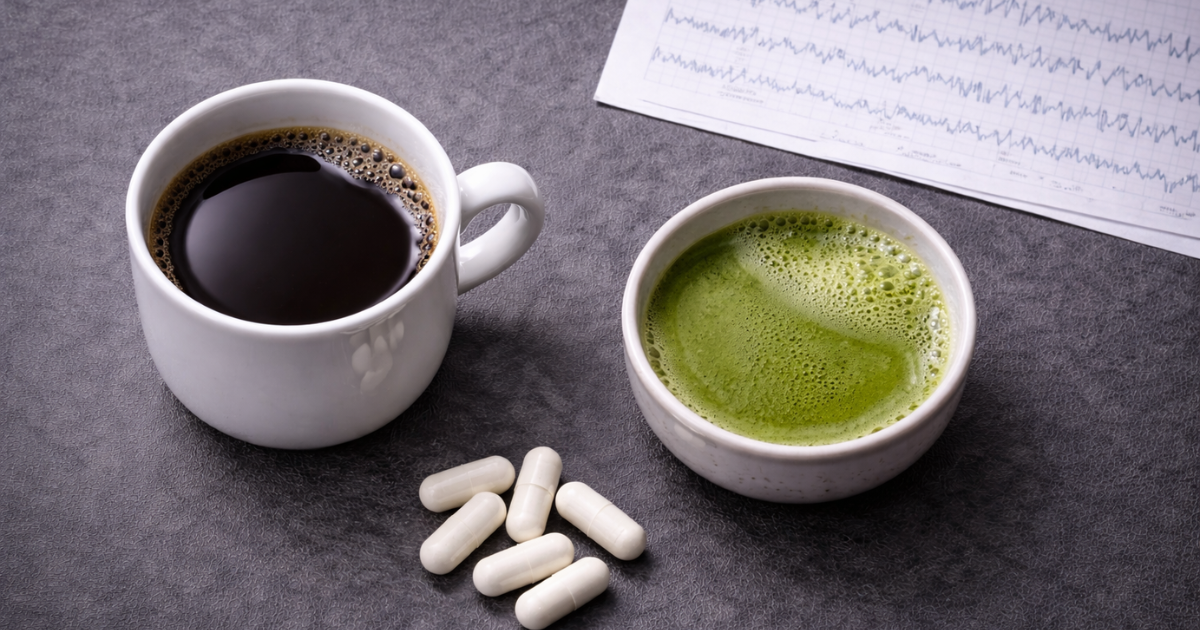 Coffee cup and green tea bowl beside L-theanine capsules and alpha wave EEG readout on a dark surface