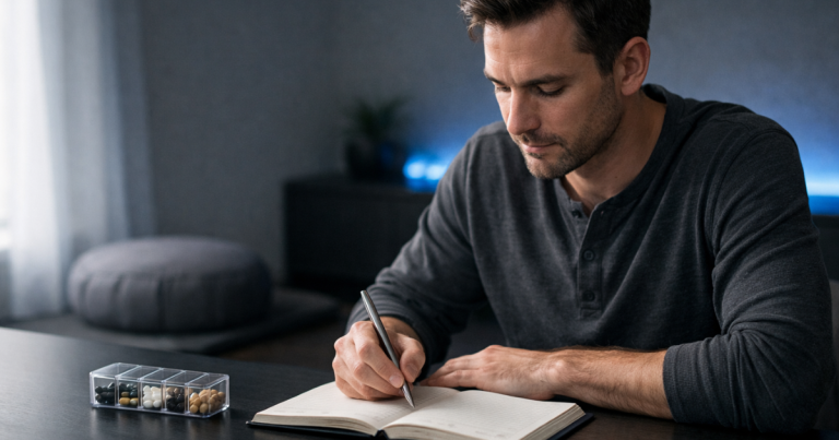 Minimal focused workspace with notebook, supplements, and meditation cushion representing the integrated focus optimization protocol