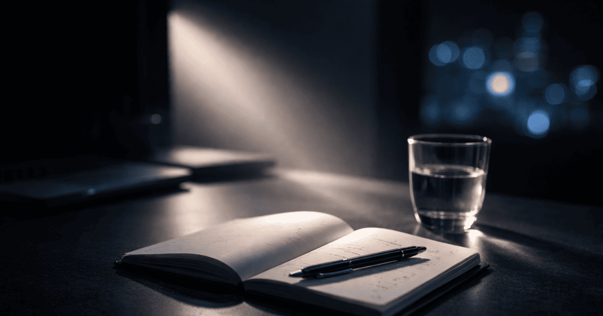 Minimalist dark desk with a single focused beam of light representing deep work and cognitive focus optimization — NeuroEdge Formula