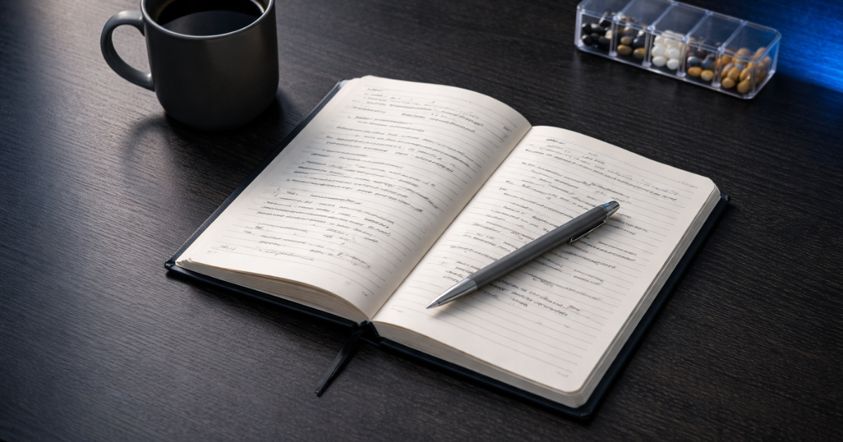 Open notebook, coffee, and supplements on a dark desk representing the deep work neurological protocol