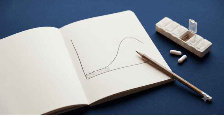 Notebook chart and pill organiser used to track nootropic effectiveness over a six-week testing protoco