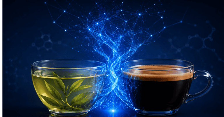 Glass supplement capsules labeled L-Theanine 200mg and Caffeine 100mg beside a brewing teacup and timing protocol notebook on dark surface — L-theanine caffeine stack complete evidence-based guide