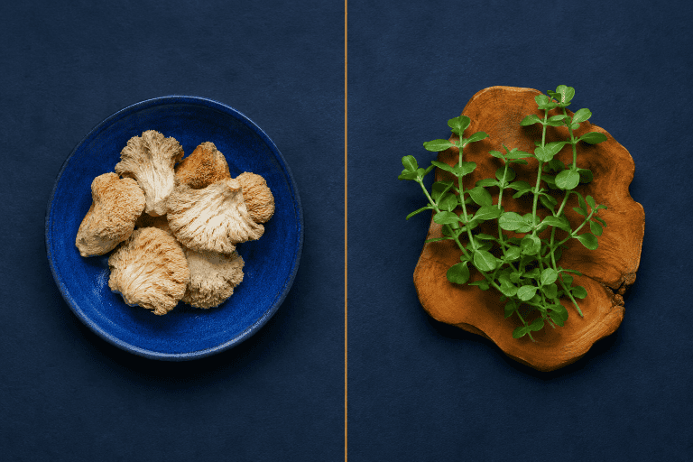 Lion's Mane mushroom and Bacopa monnieri leaves side by side, representing the two-compound comparison