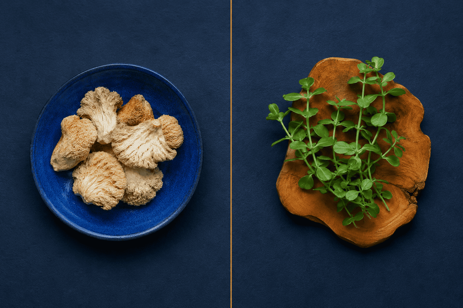 Lion's Mane mushroom and Bacopa monnieri leaves side by side, representing the two-compound comparison