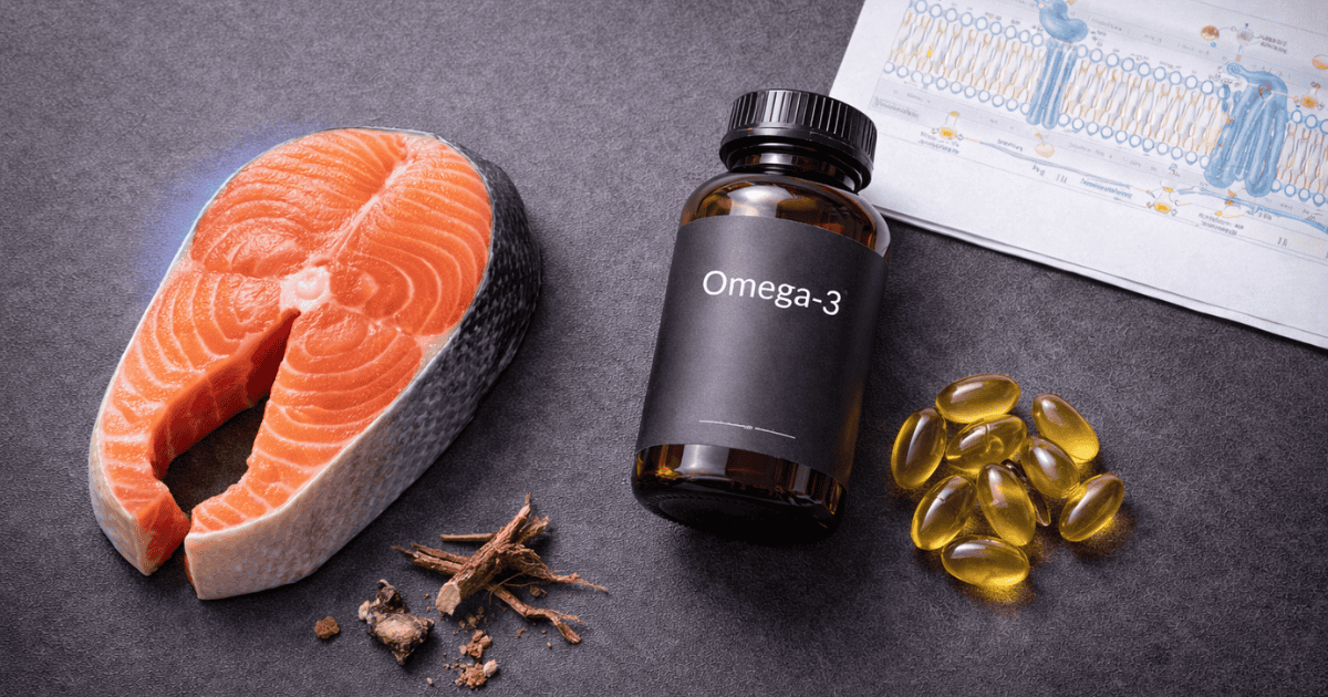 Salmon fillet beside omega-3 softgel capsules and neuronal membrane diagram on a dark surface