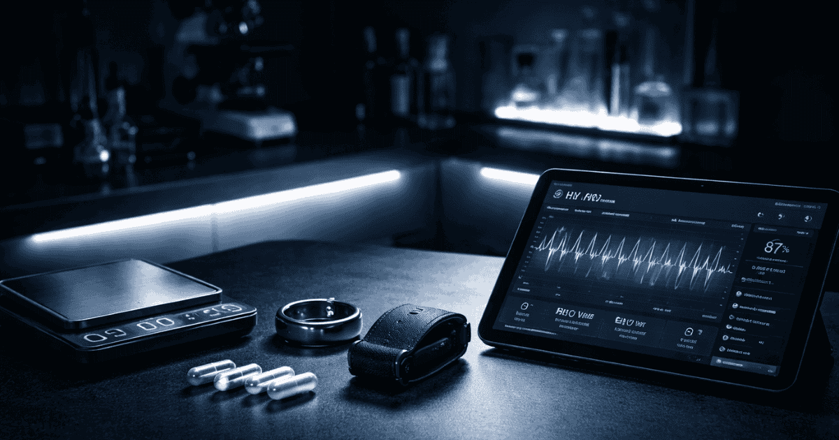 Biohacking advanced protocols — high-tech workspace with wearable tracking devices and precision supplements representing systematic cognitive optimisation