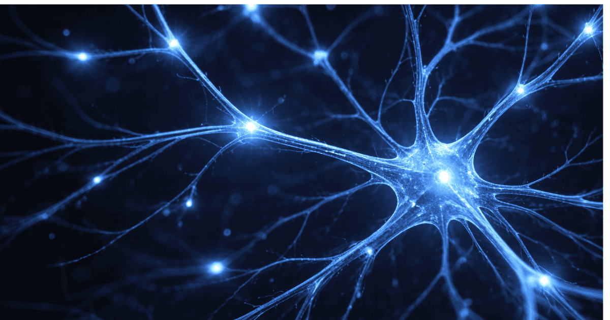 Brain health and longevity — luminous neuron with glowing synaptic connections representing neuroplasticity and cognitive longevity research