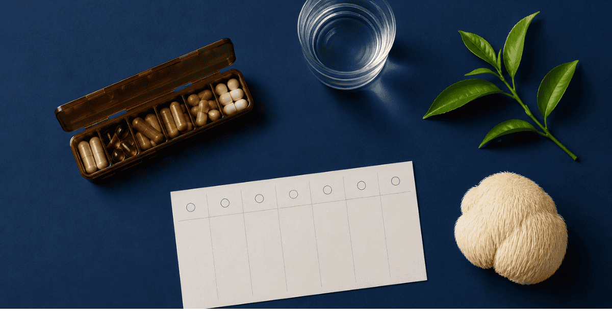 7-day sharper brain protocol supplements and daily tracker flat-lay Title