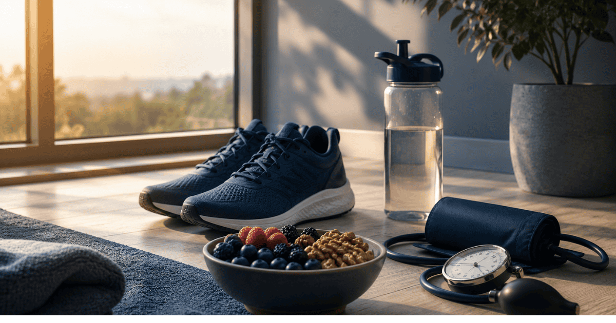 Exercise, healthy diet and vascular health tools representing the main brain health and longevity levers