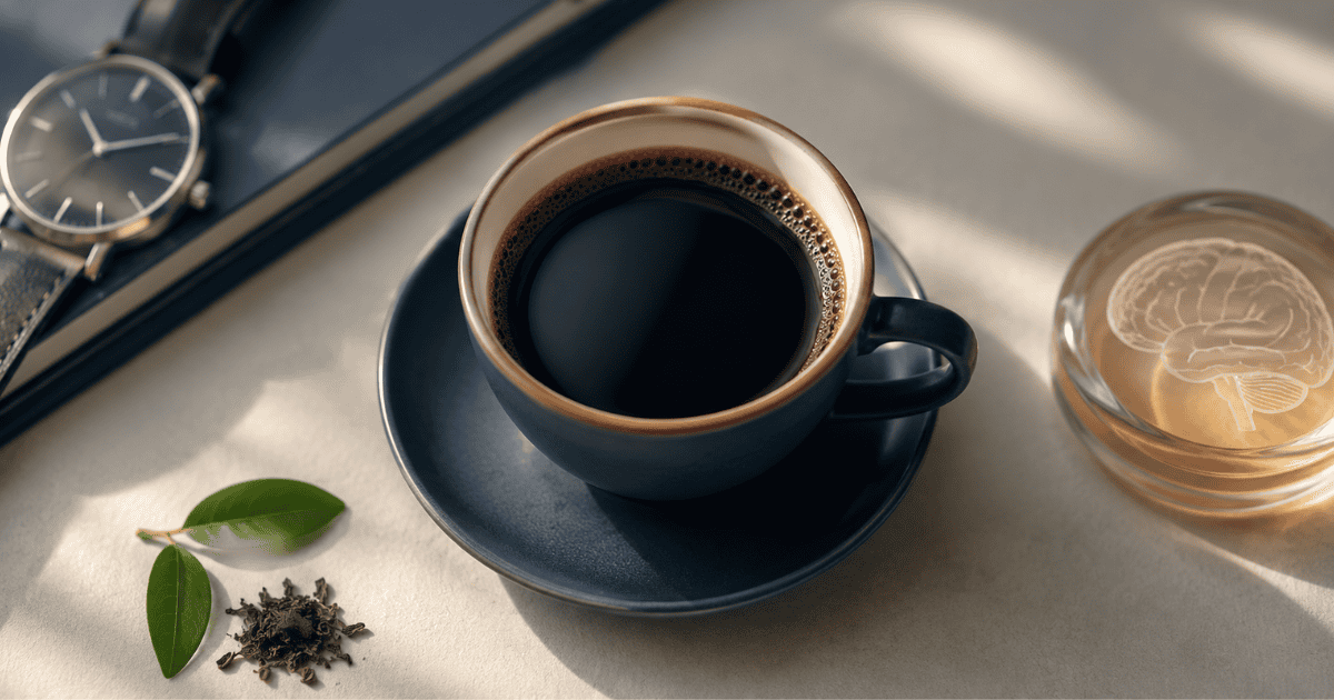 Cup of coffee beside a clock representing caffeine's effect on cognitive performance and sleep timing