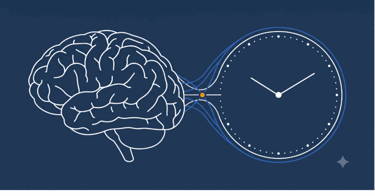 Intermittent fasting brain health illustration: a brain merging into a clock face