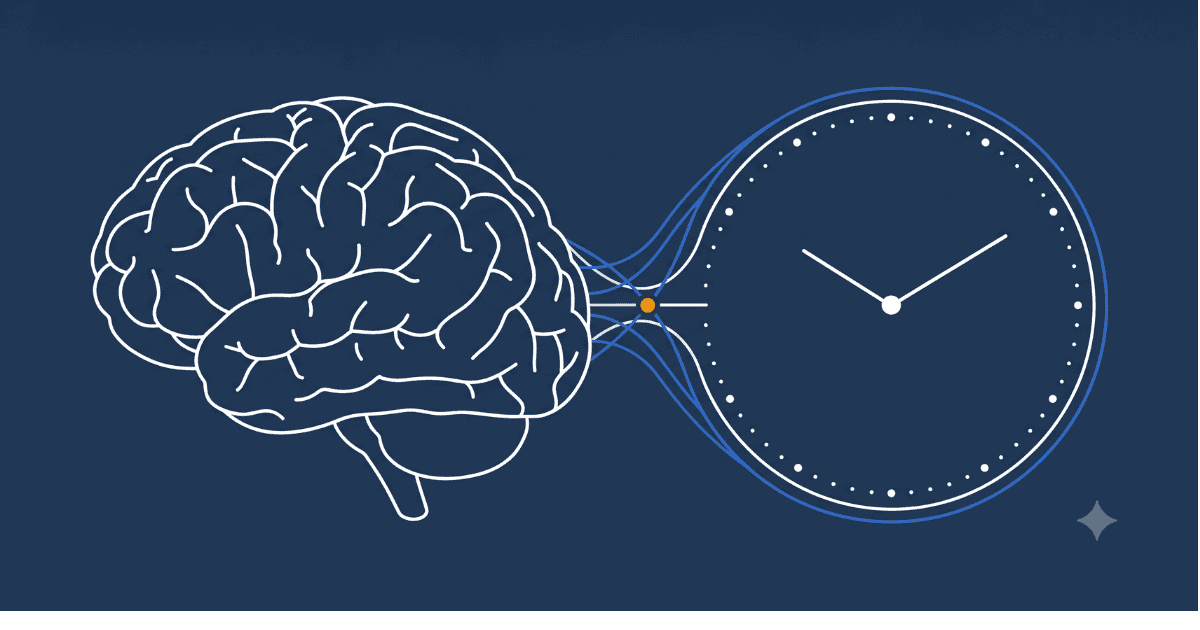 Intermittent fasting brain health illustration: a brain merging into a clock face