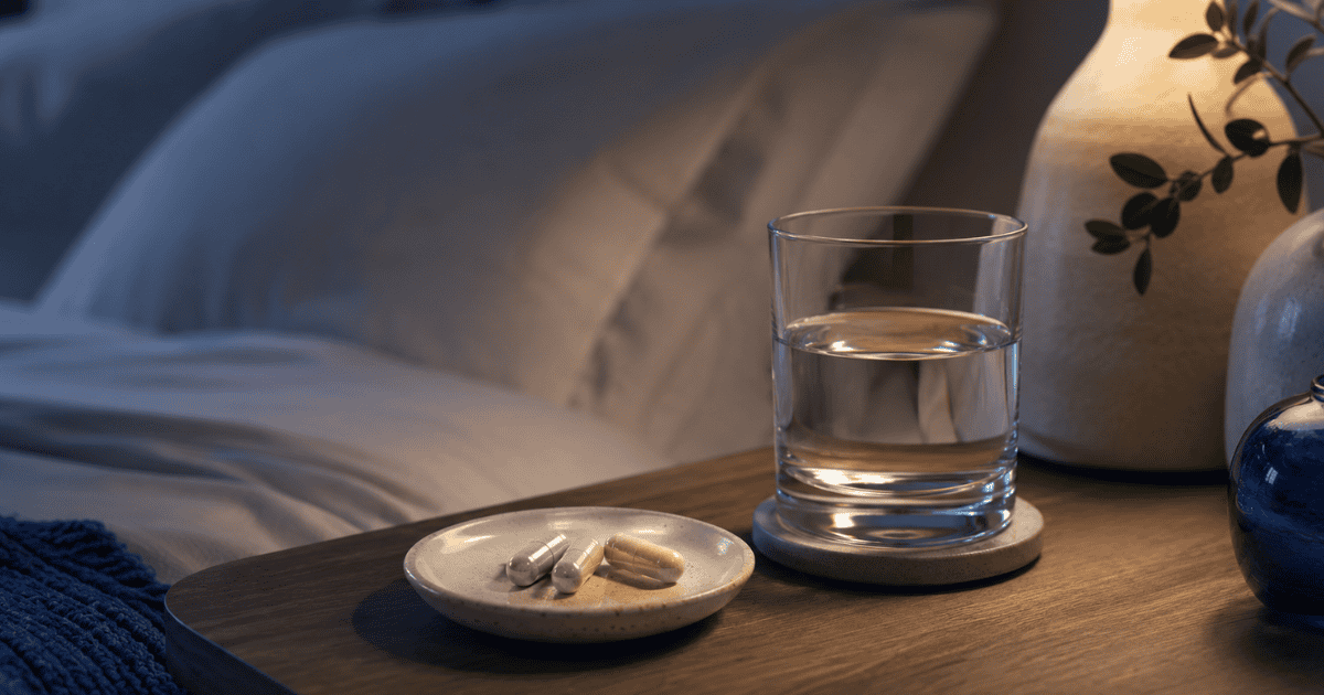 Magnesium glycinate for sleep — supplement capsules and water on a bedside table at night
