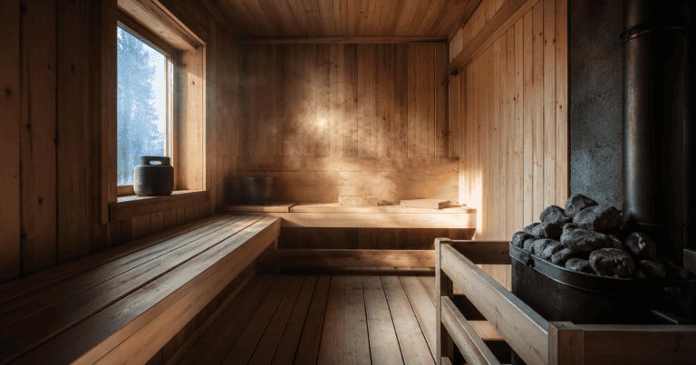 Traditional Finnish sauna interior with heated stones, illustrating sauna and cognitive performance research
