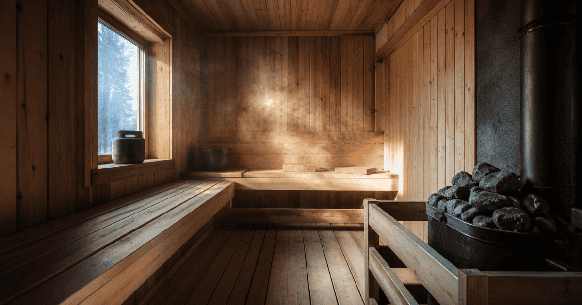 Traditional Finnish sauna interior with heated stones, illustrating sauna and cognitive performance research