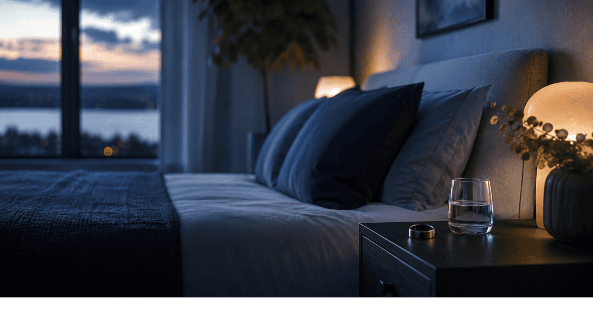 Calm dusk bedroom set up for sleep recovery optimisation with a cool environment and sleep tracker