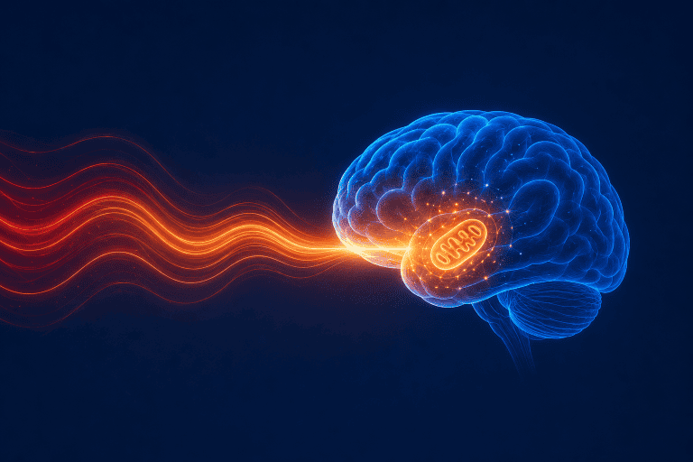 Illustration of red and near-infrared light reaching the brain, representing transcranial photobiomodulation
