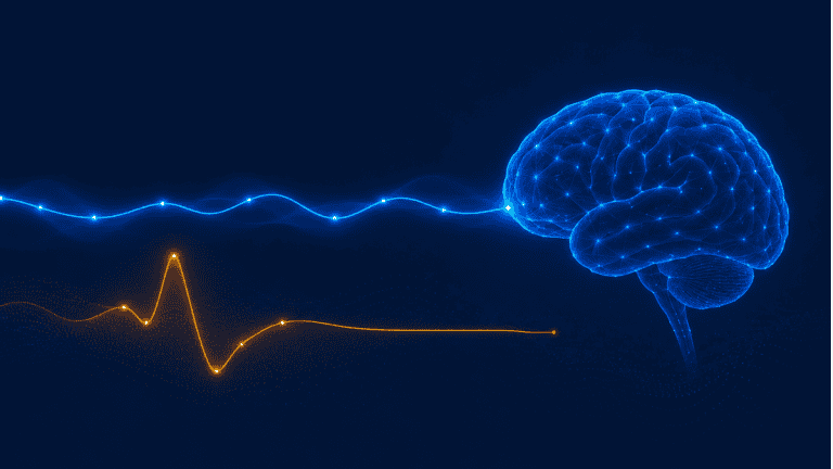 Illustration linking blood sugar and the brain, showing a steady glucose curve versus a spike-and-crash
