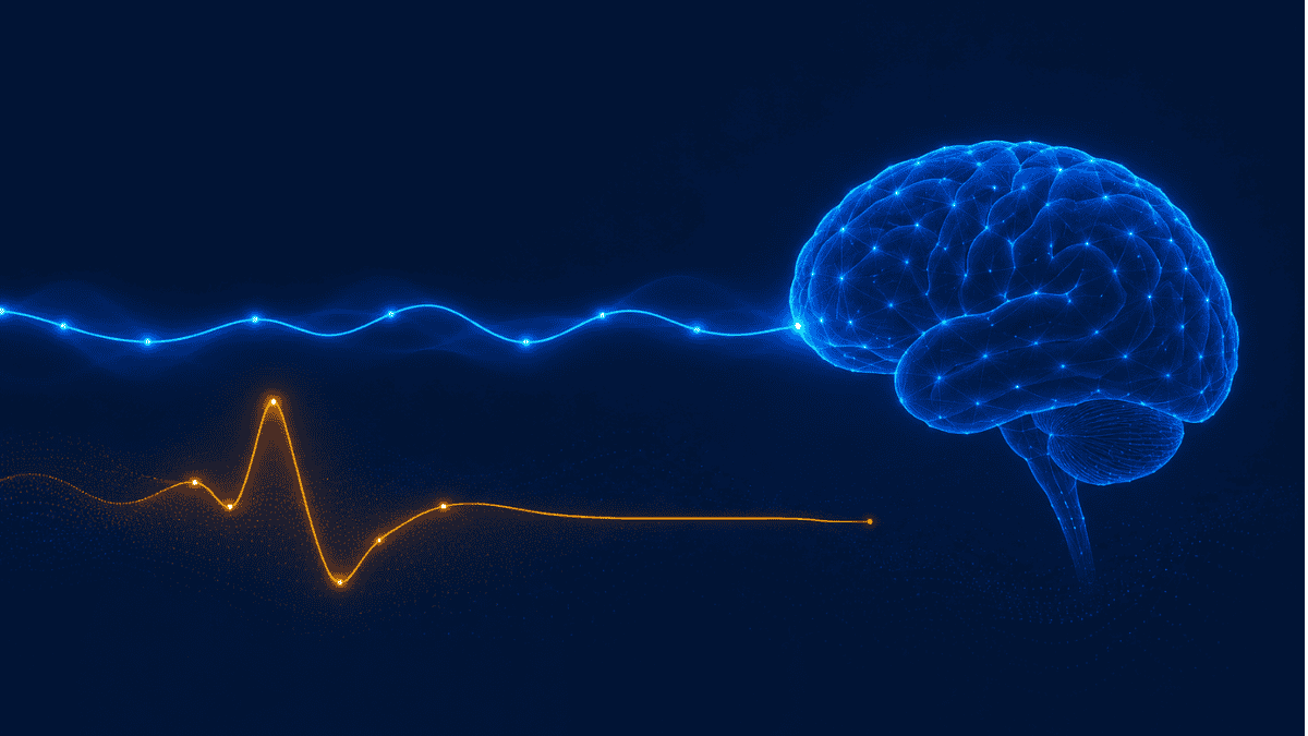 Illustration linking blood sugar and the brain, showing a steady glucose curve versus a spike-and-crash