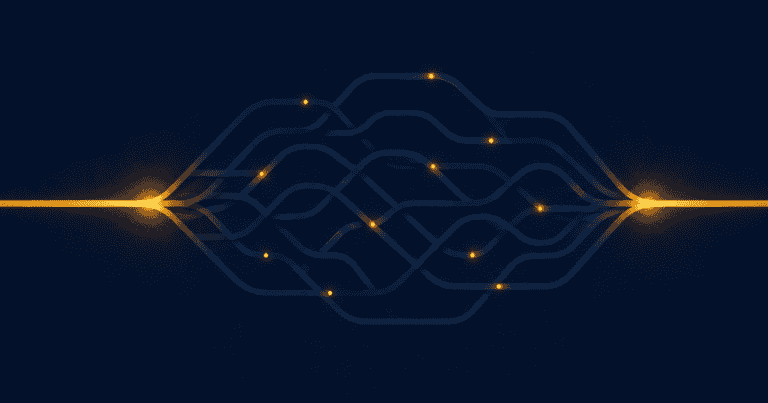 The cost of multitasking illustrated as one attention path fragmenting into many and back, in navy and amber