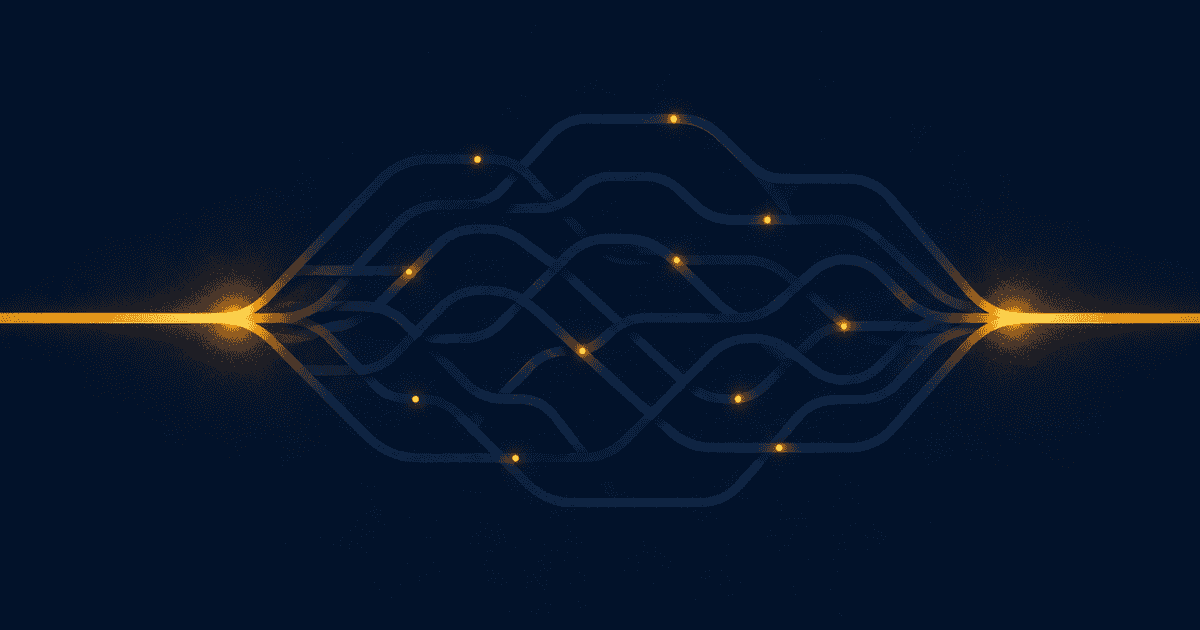 The cost of multitasking illustrated as one attention path fragmenting into many and back, in navy and amber