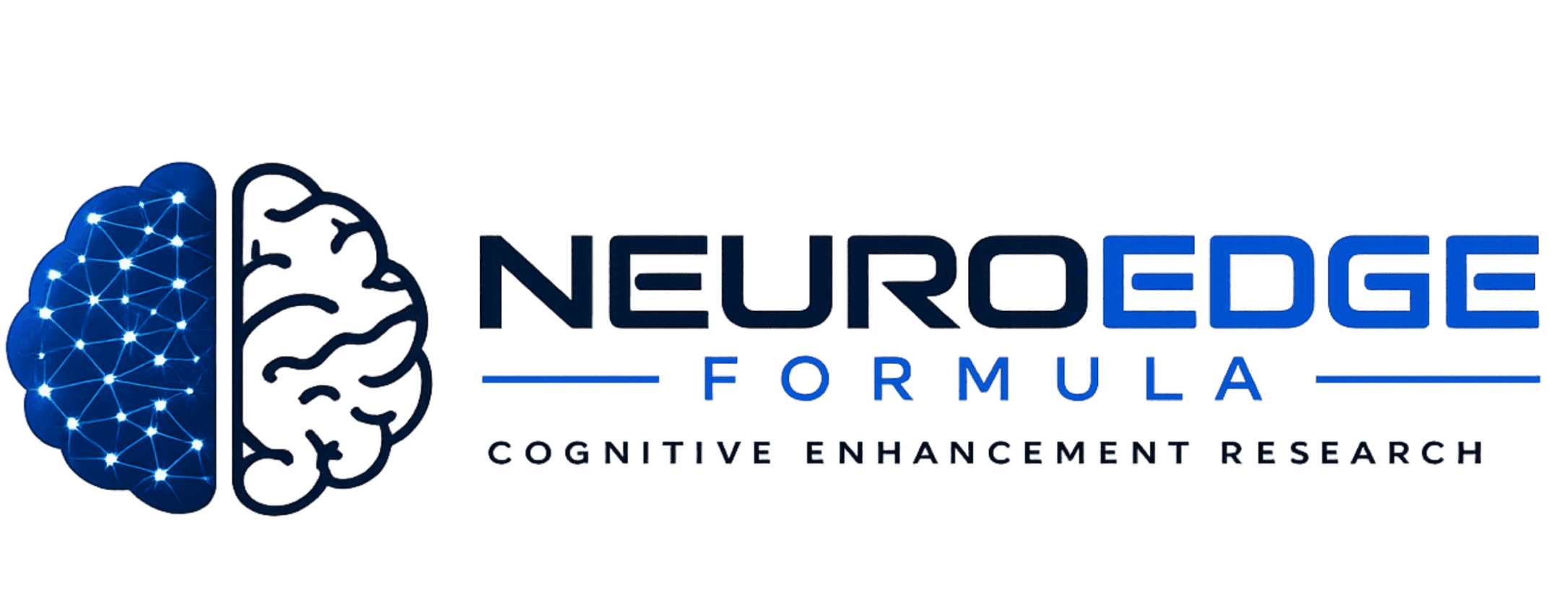 NeuroEdge Formula logo featuring a stylized blue neural brain icon beside the NeuroEdge Formula wordmark with the tagline 'Cognitive Enhancement Research.