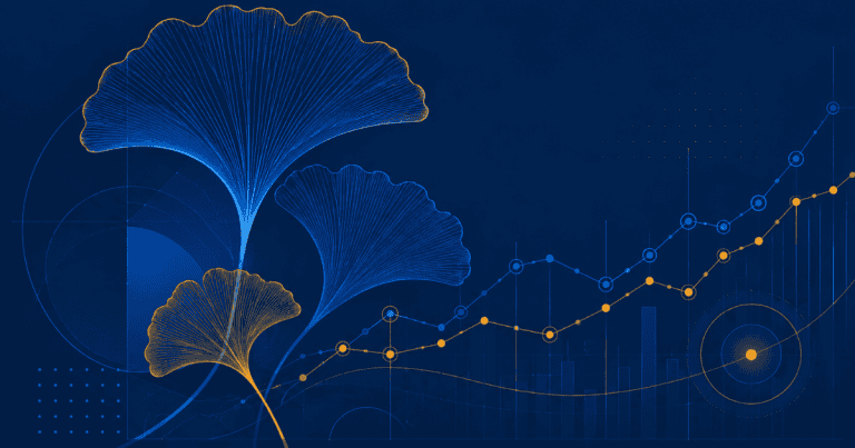 Abstract illustration for ginkgo biloba and cognitive evidence — geometric ginkgo-leaf forms with a data-line motif in navy and amber