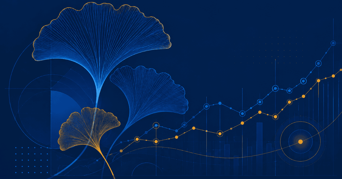 Abstract illustration for ginkgo biloba and cognitive evidence — geometric ginkgo-leaf forms with a data-line motif in navy and amber
