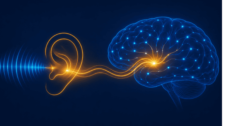 Illustration linking hearing loss and cognitive decline, showing a sound wave flowing into the brain