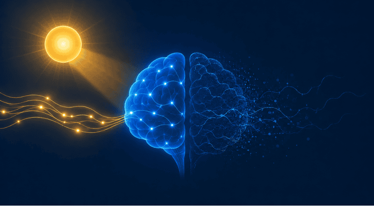 Illustration linking vitamin D and cognitive function, contrasting the real signal with the hype